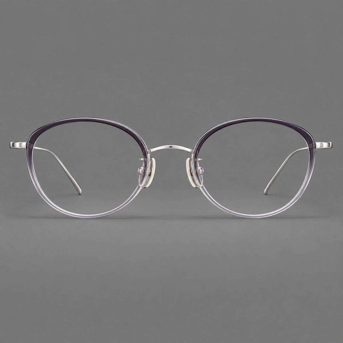 Round eyeglasses in acetate and titanium with a slim curved bridge and fine metal temples in Purple Gradient / Silver, front view