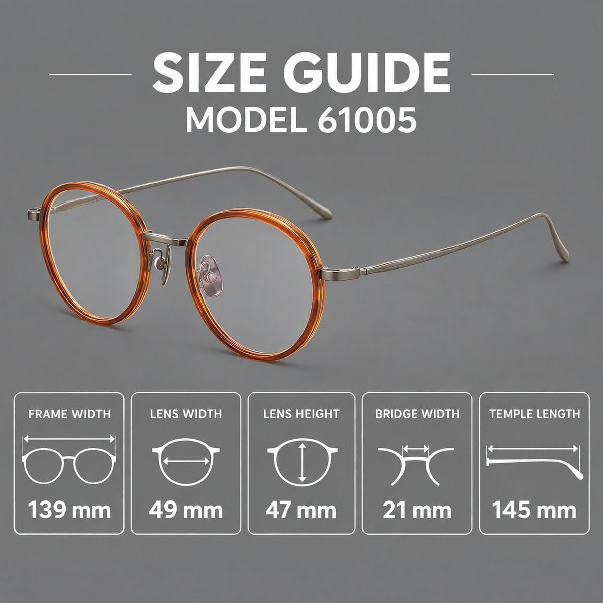 Classic round eyeglasses in acetate and titanium with slim rims and textured metal temples, size guide in millimetres