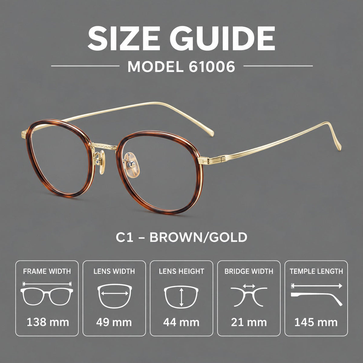 Vintage round eyeglasses in acetate and titanium with an engraved bridge and slender temples, size guide in millimetres
