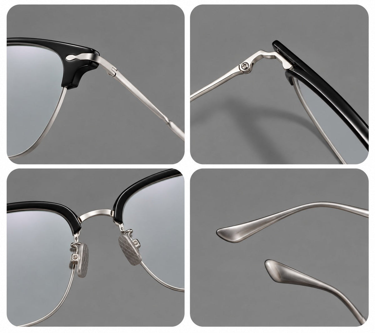 Browline eyeglasses in acetate and titanium with slim metal lower rims and decorative corners, frame details