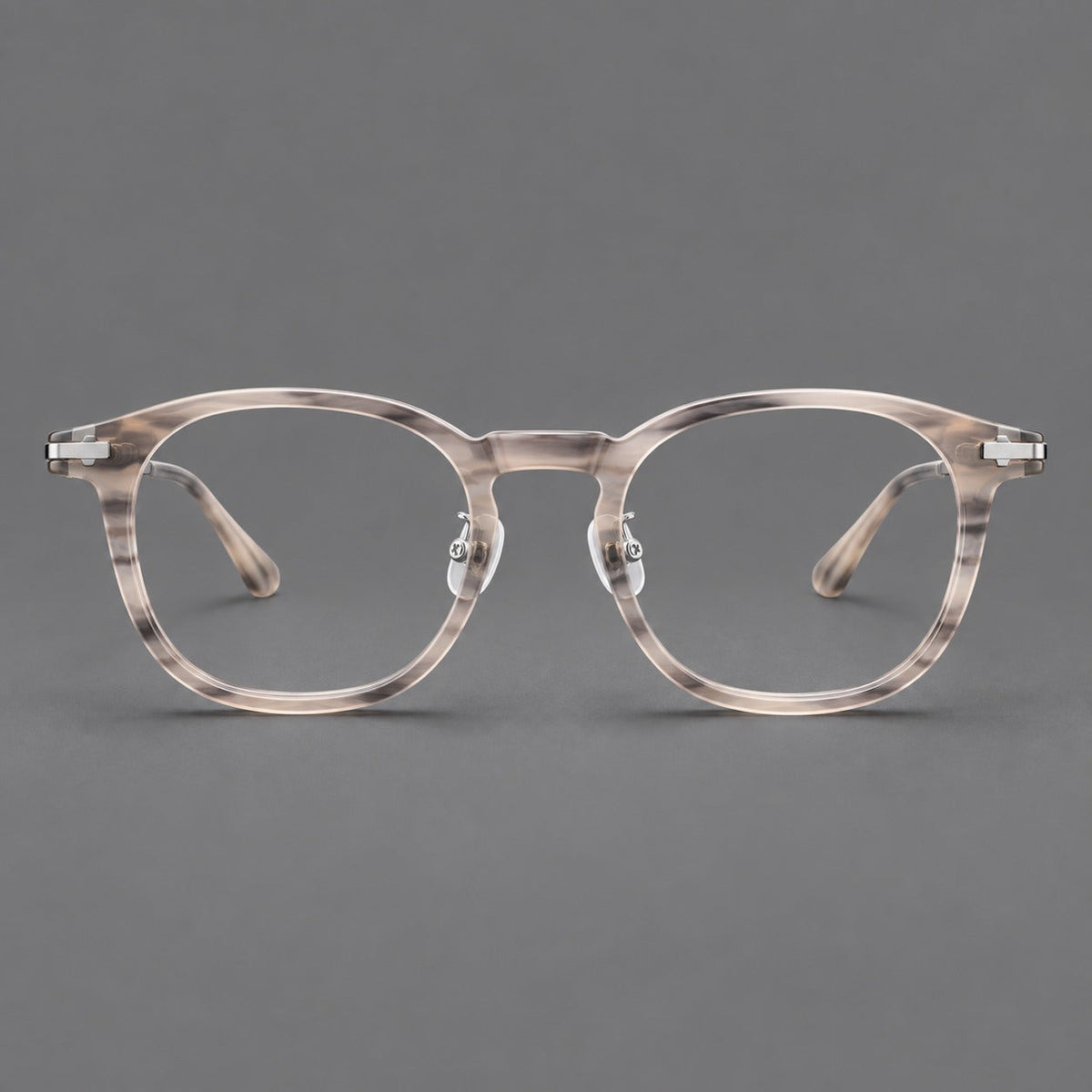 Retro acetate and titanium eyeglasses with soft square rims and sculpted metal corners in Gray Woodgrain / Silver, front view