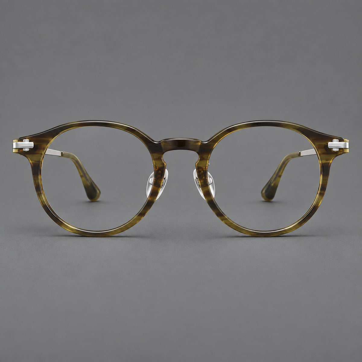 Retro acetate and titanium eyeglasses with round rims and a pronounced keyhole bridge in Olive Woodgrain / Silver, front view