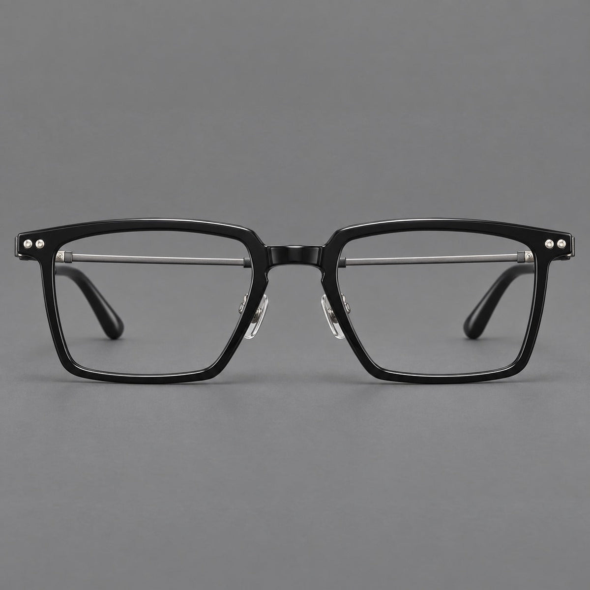 Classic acetate and titanium eyeglasses with a straight brow and rounded rectangular rims in Black / Brushed Gray, front view