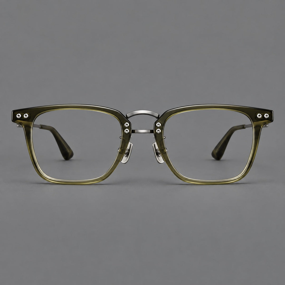 Acetate and titanium eyeglasses with soft square rims and an arched metal bridge in Army Green / Gunmetal, front view