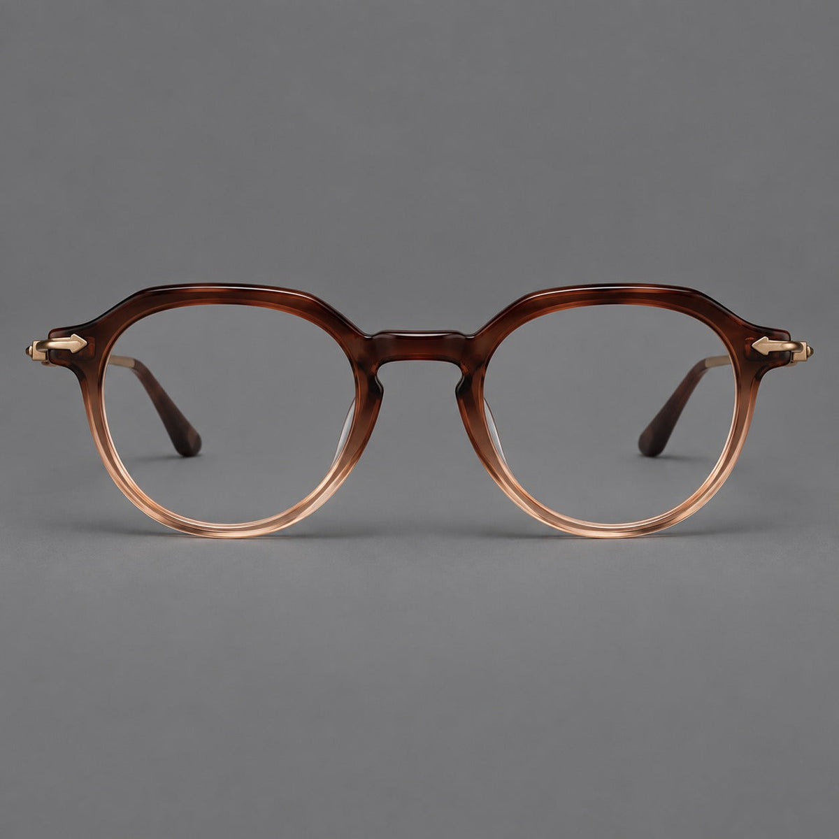 Retro acetate and titanium eyeglasses with panto rims and decorative arrow corner accents in Brown Gradient / Antique Bronze, front view