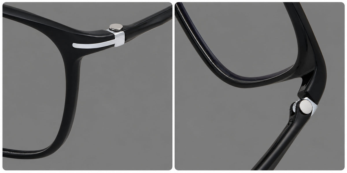 Classic square plastic eyeglasses with broad lenses and softly rounded edges, frame details