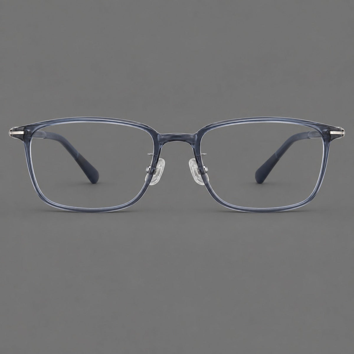 Low profile rectangular plastic eyeglasses with a straight browline and slim temples in Slate Blue, front view