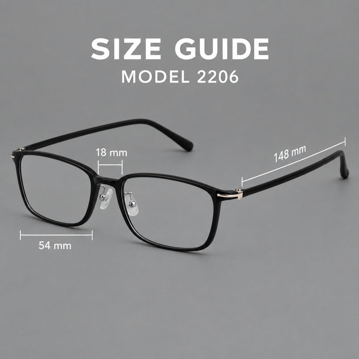 Low profile rectangular plastic eyeglasses with a straight browline and slim temples, size guide in millimetres