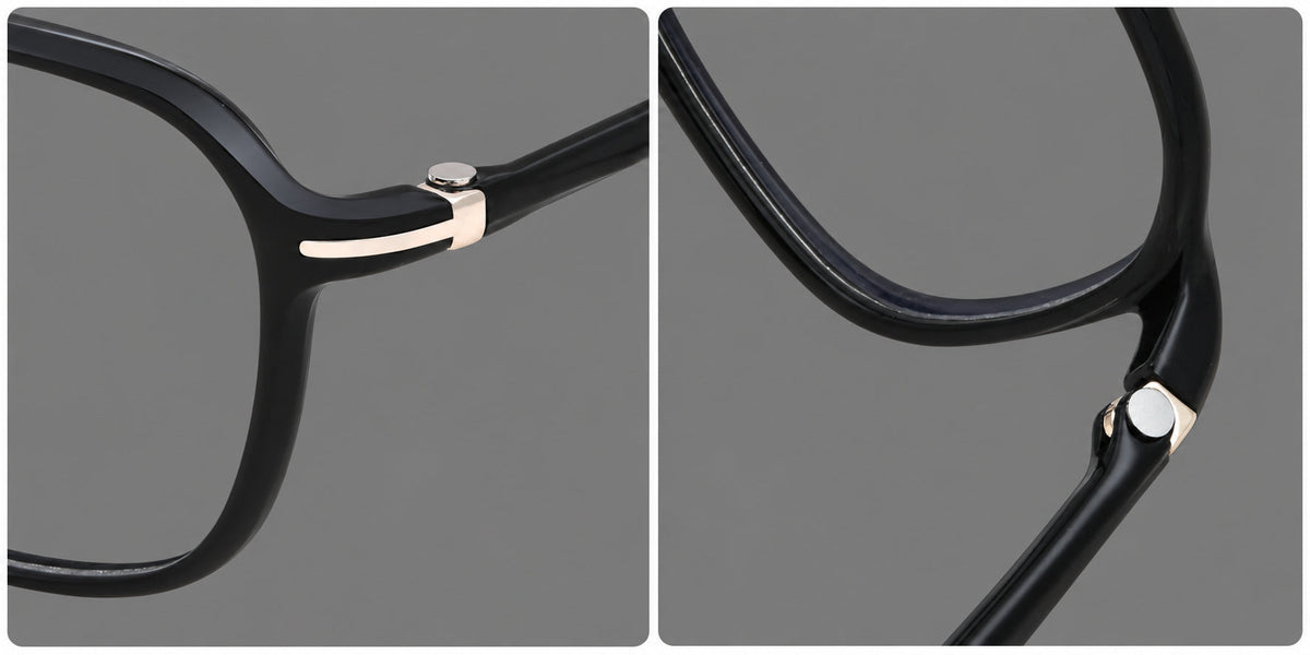 Rounded geometric plastic eyeglasses with softly angled rims and a curved bridge, frame details