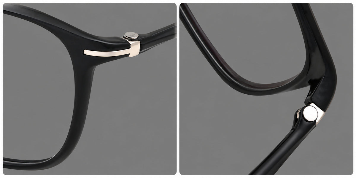Vintage soft square plastic eyeglasses with deep lenses and a gently arched bridge, frame details