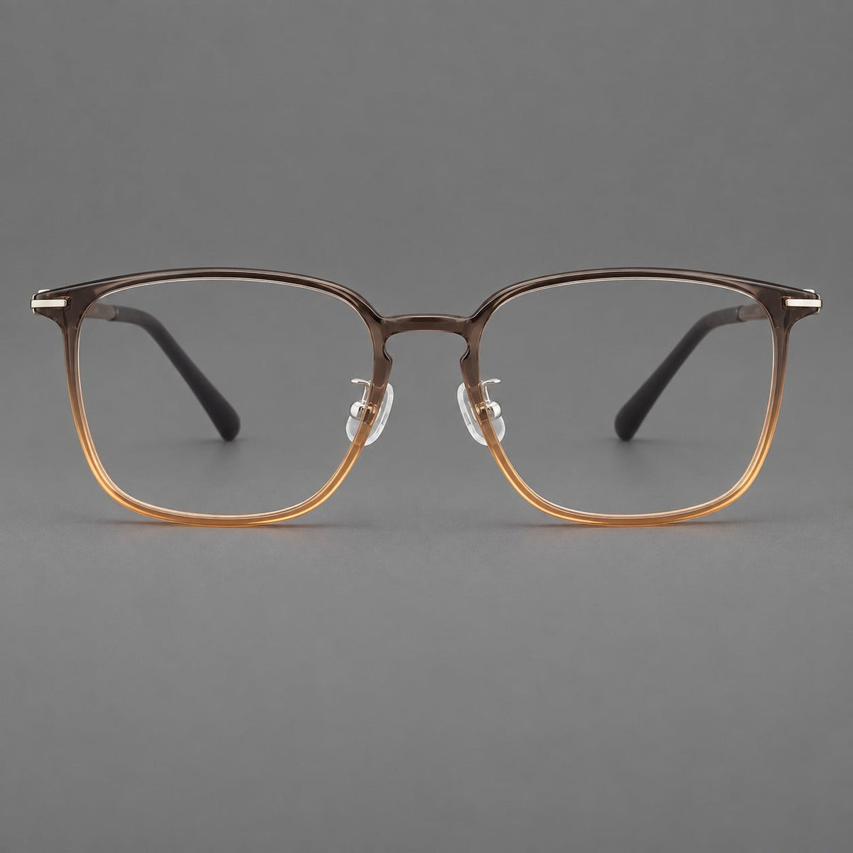 Bold square plastic eyeglasses with a defined browline and an open bridge in Gray Tea Gradient, front view