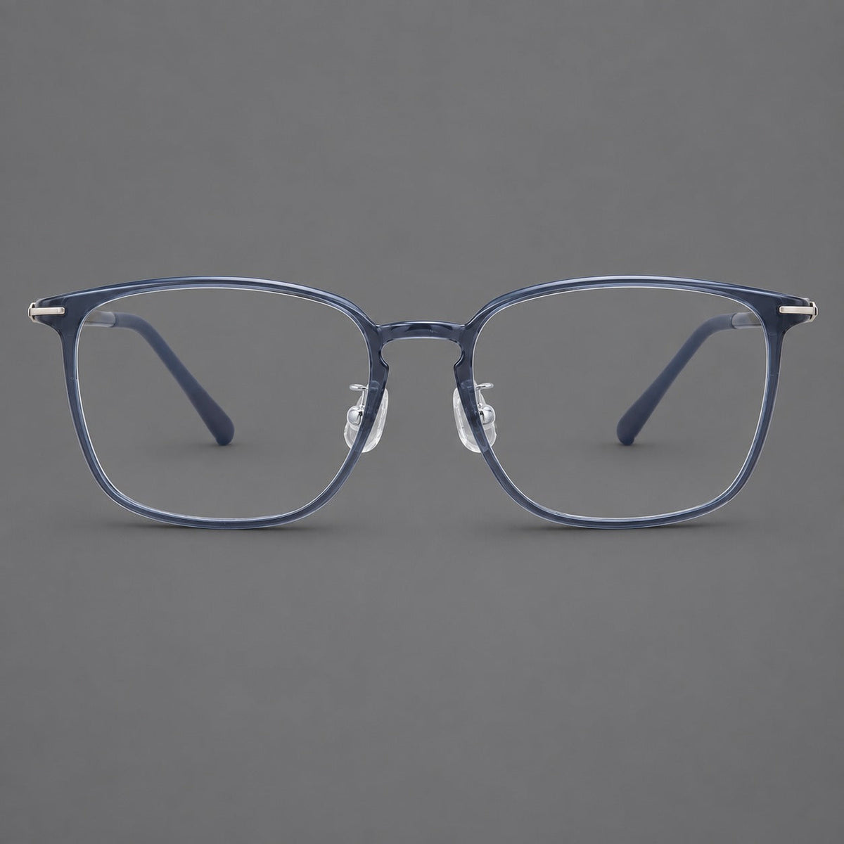 Bold square plastic eyeglasses with a defined browline and an open bridge in Slate Blue, front view