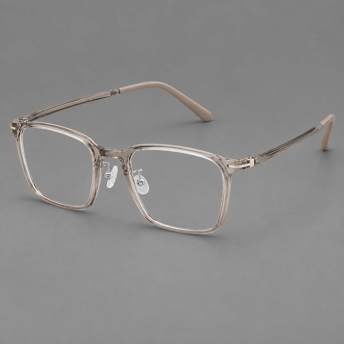 Modern square plastic eyeglasses with a smooth browline and slim metal corner details in Twilight Gray Tea, three quarter view