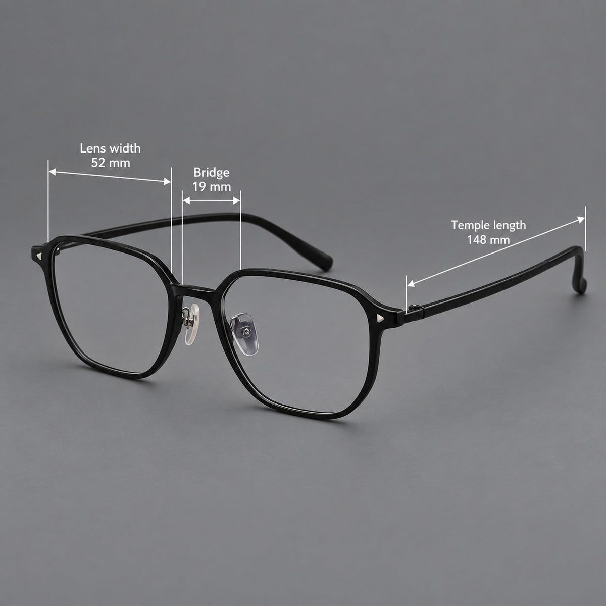 Soft square plastic eyeglasses with rounded lower rims and a broad curved bridge, size guide in millimetres