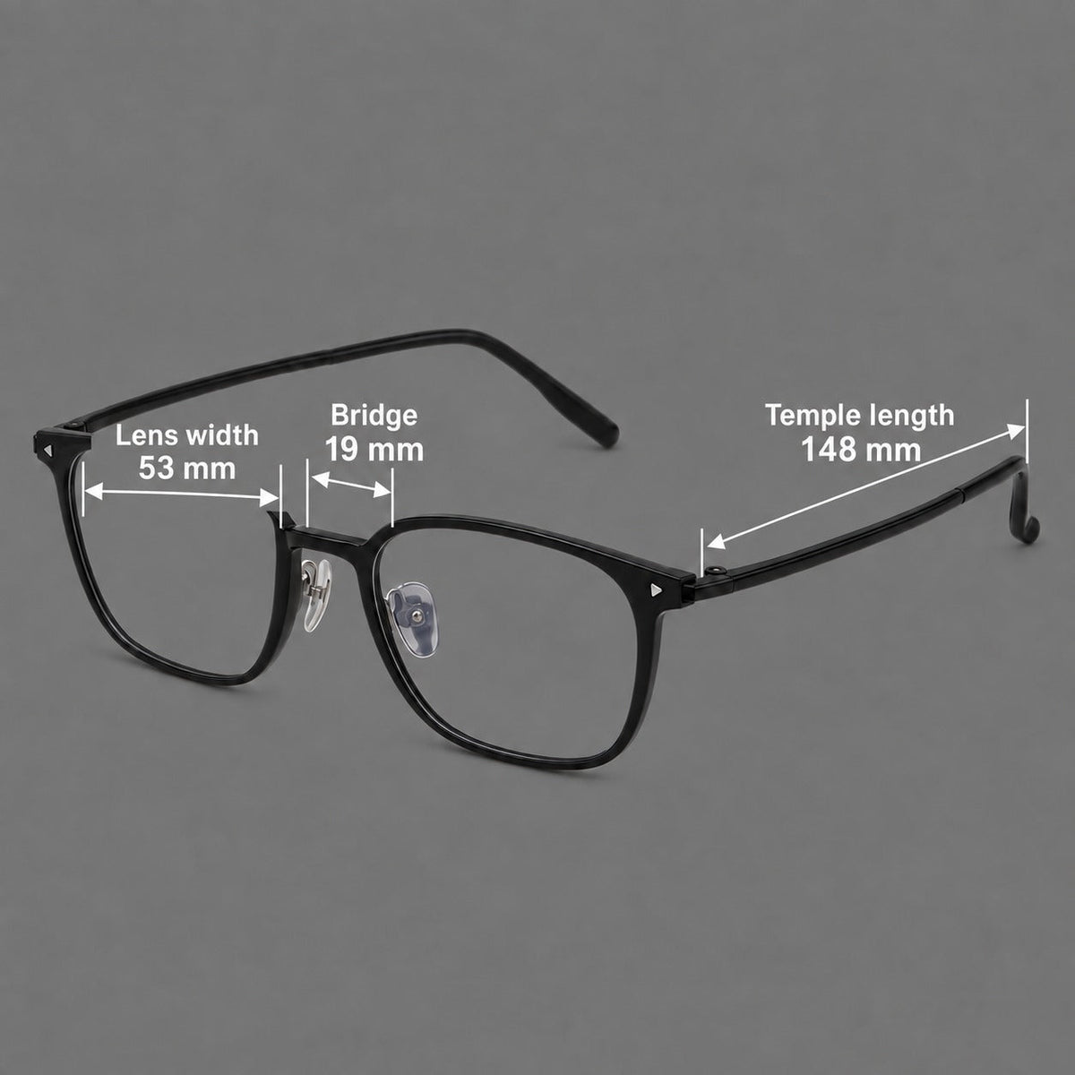 Classic soft square plastic eyeglasses with a gently curved browline and corner studs, size guide in millimetres