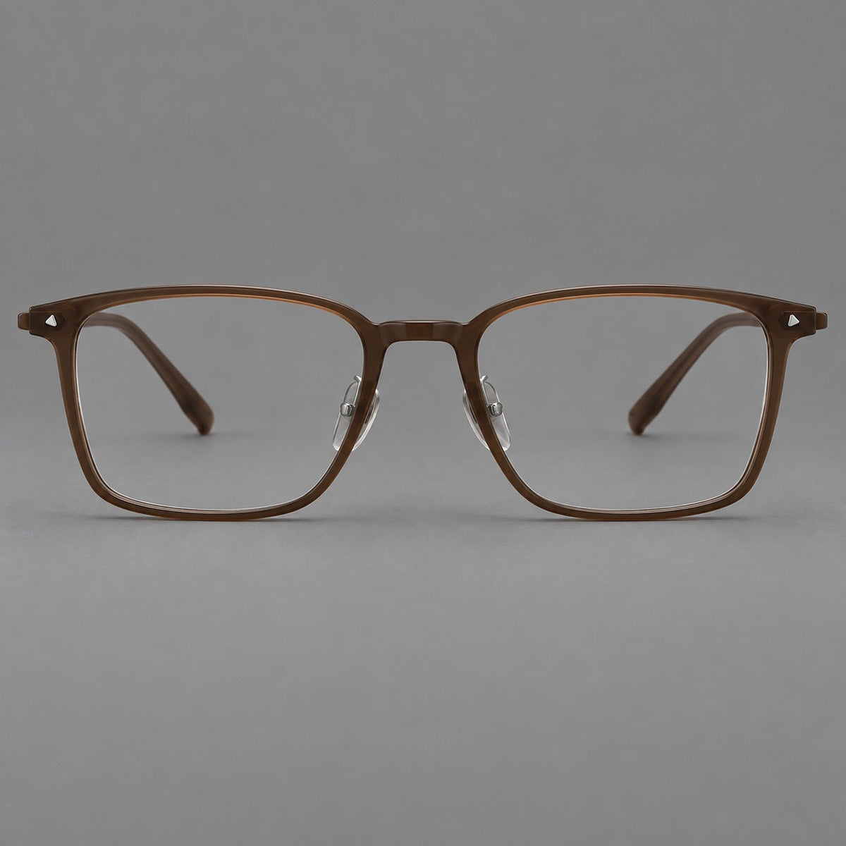 Clean rectangular plastic eyeglasses with flat lower rims and pointed corner details in Tea Brown, front view