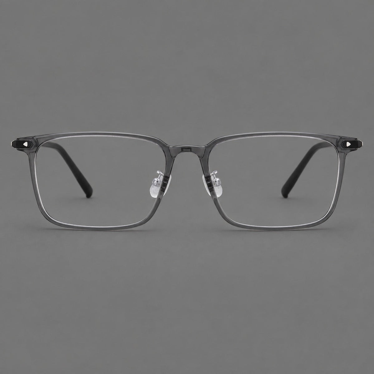 Wide rectangular plastic eyeglasses with an angular browline and slender rims in Medium Gray, front view