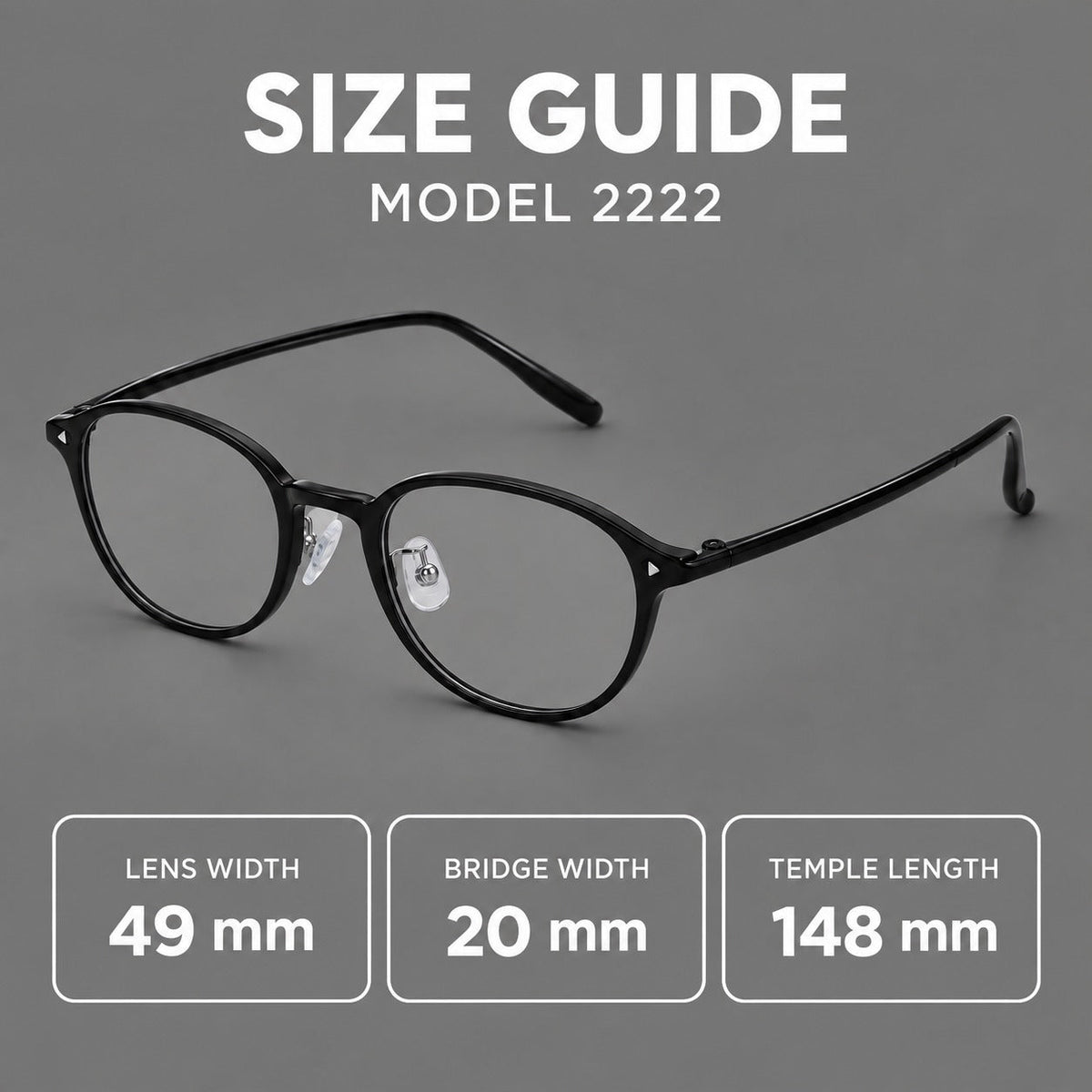 Panto plastic eyeglasses with a rounded silhouette and triangular corner studs, size guide in millimetres