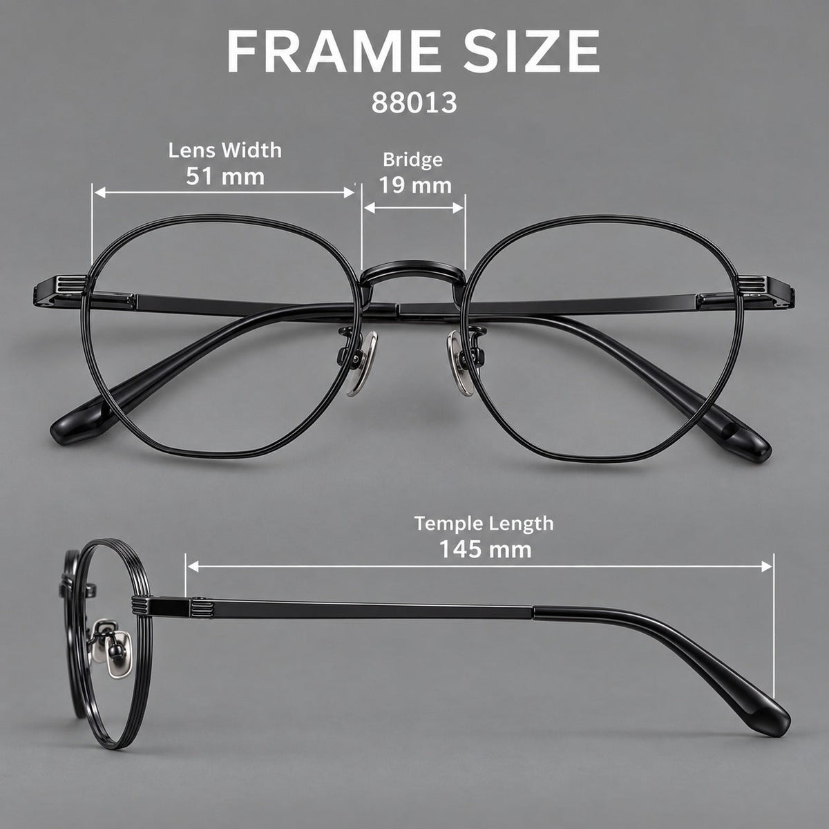 Retro panto titanium glasses with a curved bridge and fine parallel rim grooves, size guide in millimetres
