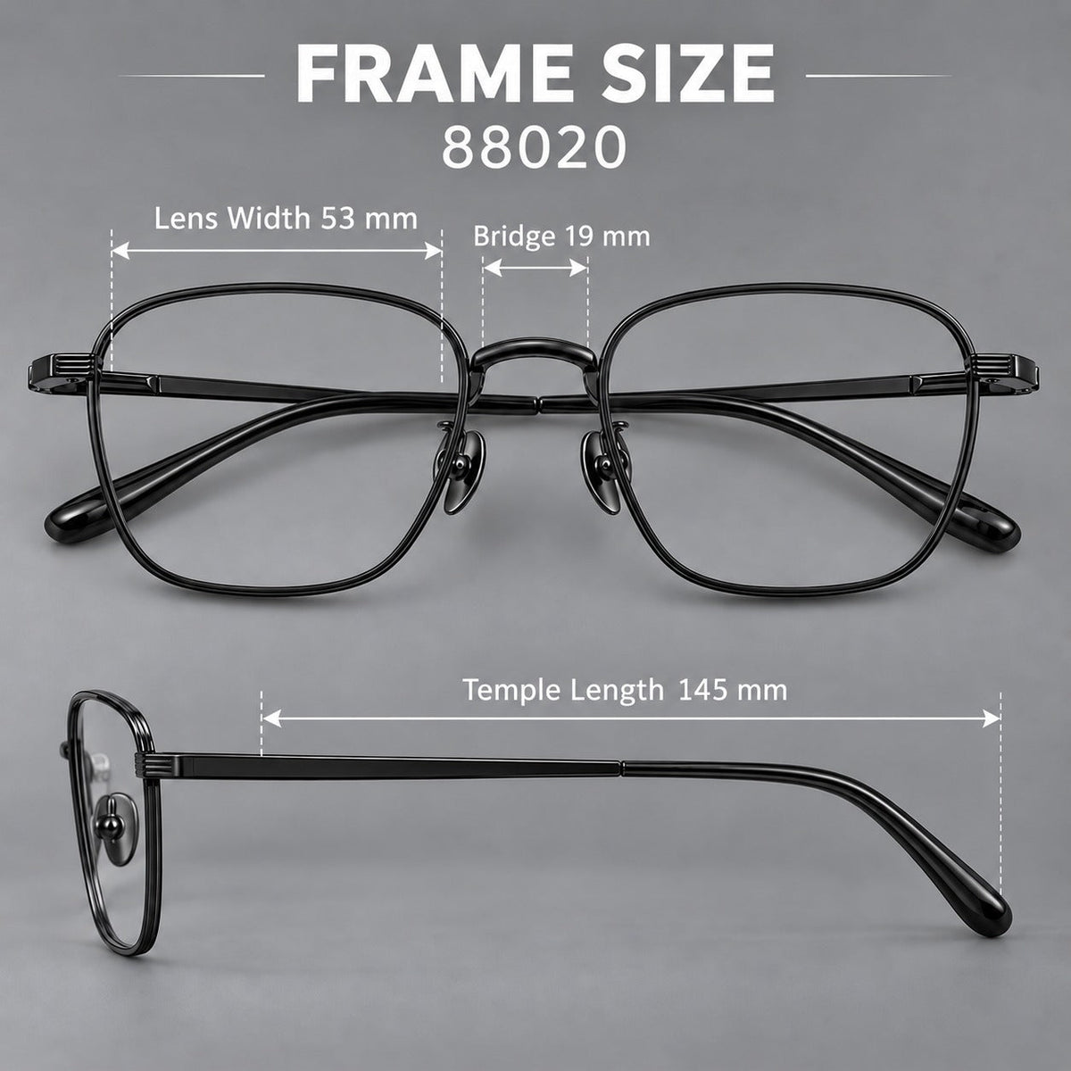 Deep square titanium glasses with a flatter brow and grooved outer shoulders, size guide in millimetres