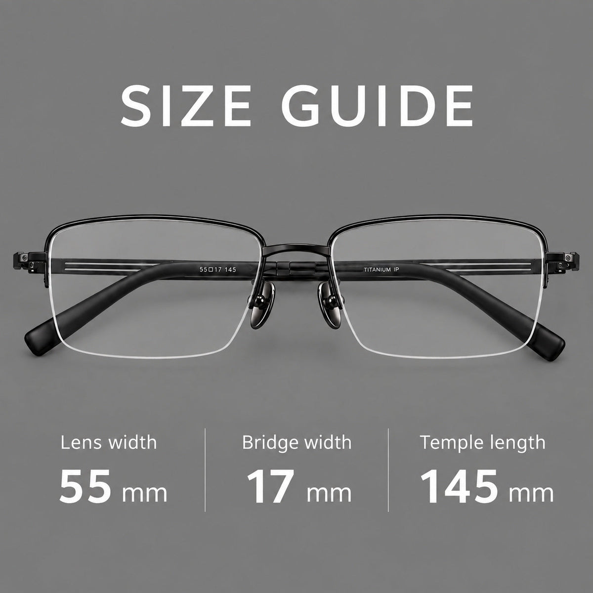 Classic half frame titanium glasses with rectangular lenses and lined temples, size guide in millimetres