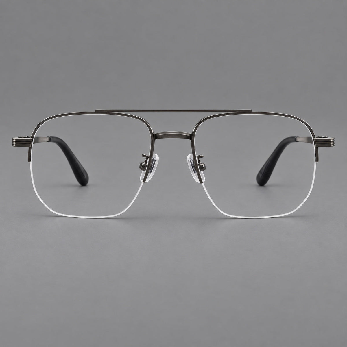 Angular aviator titanium glasses with a double bridge and an open lower rim in Gunmetal, front view