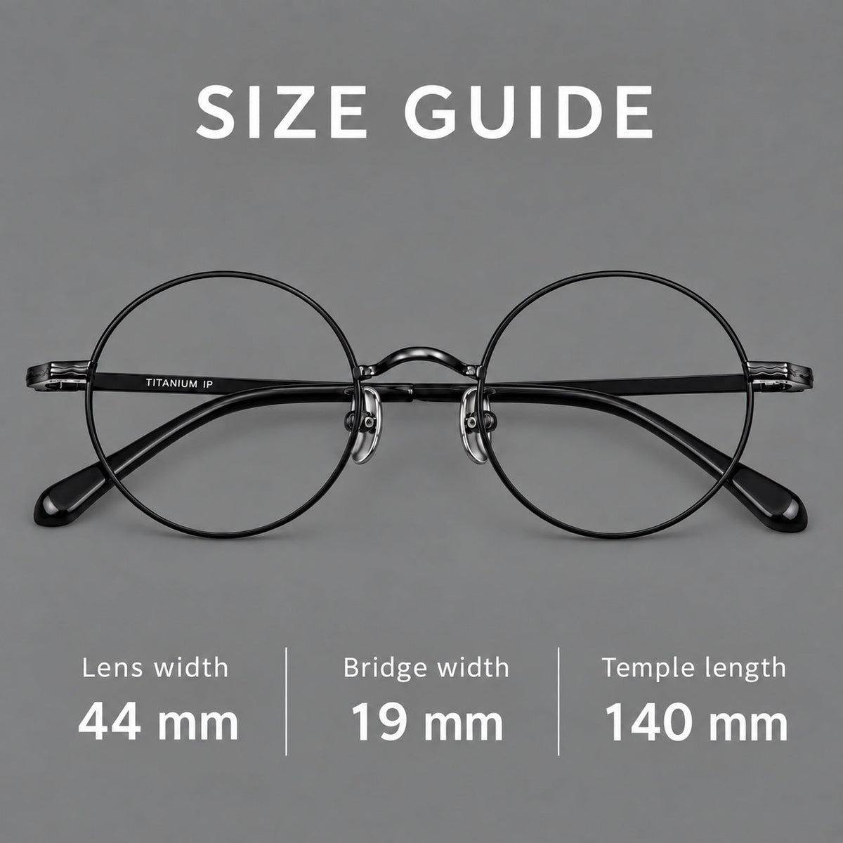 Compact circular titanium glasses with a curved bridge and wavy engraved temples, size guide in millimetres