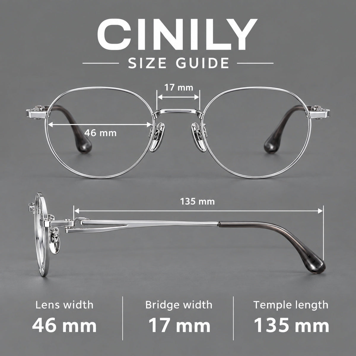 Small panto titanium glasses with an angular bridge and recessed temple details, size guide in millimetres