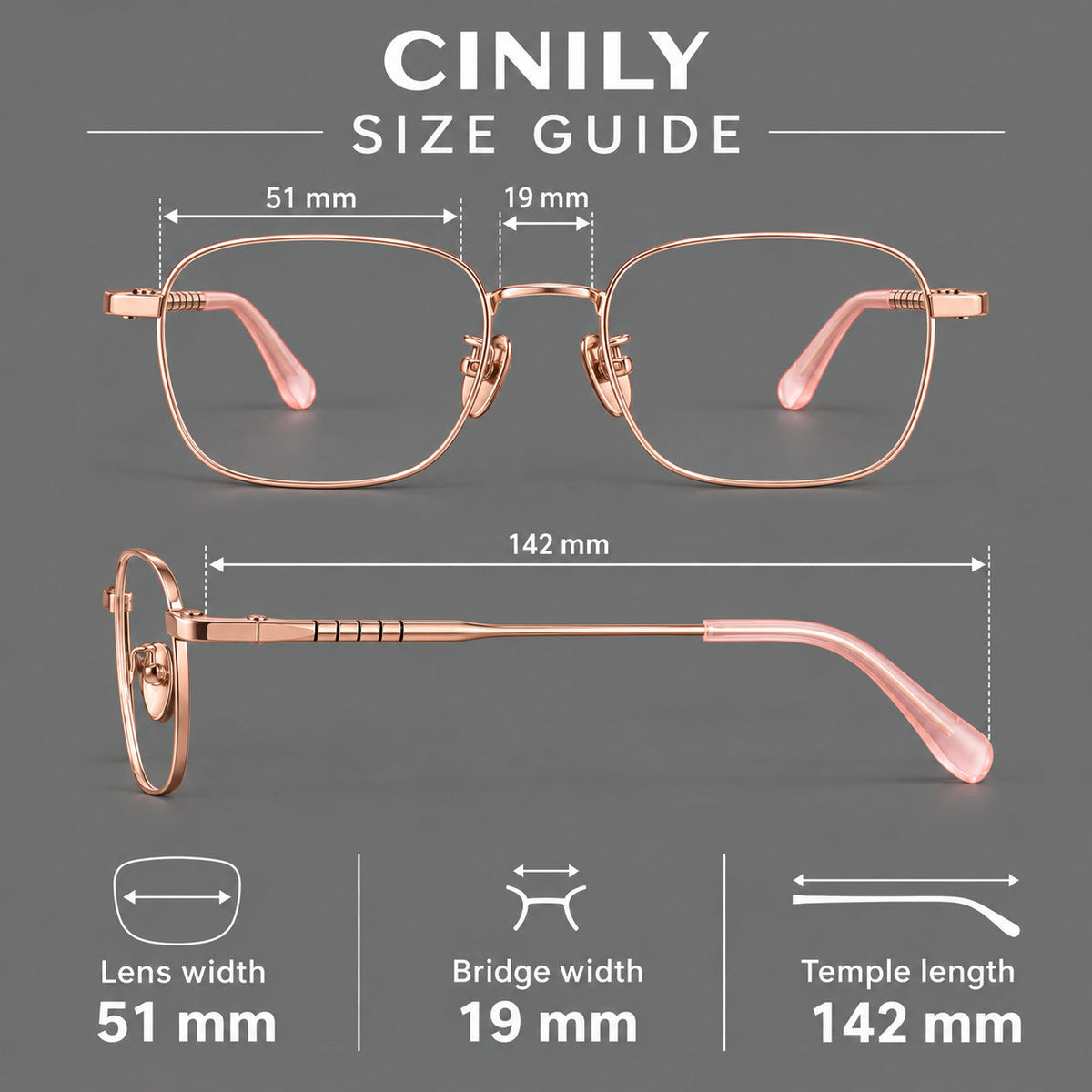 Soft square titanium glasses with a raised bridge and engraved temple bands, size guide in millimetres