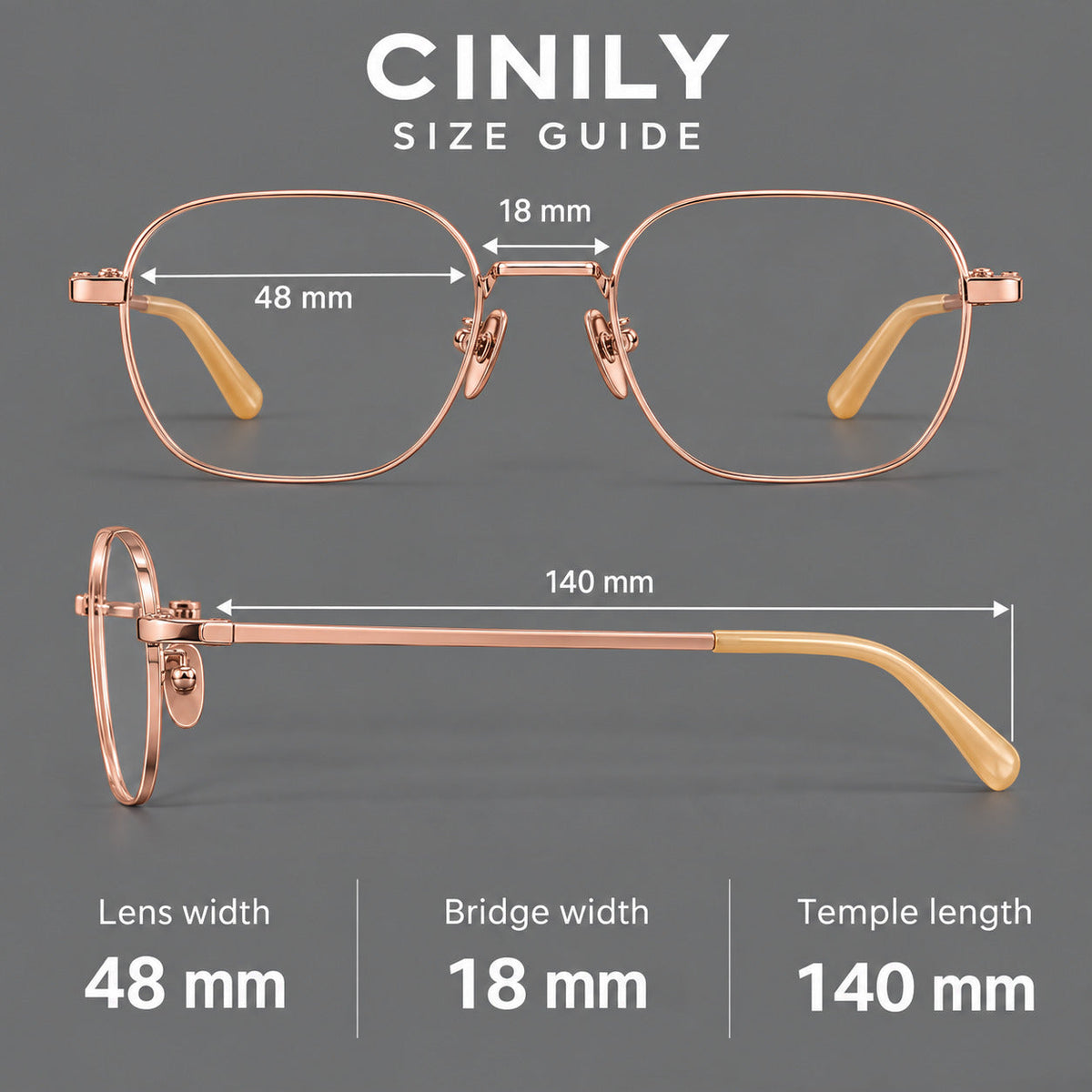 Rounded panto titanium glasses with an angular bridge and broad flat temples, size guide in millimetres