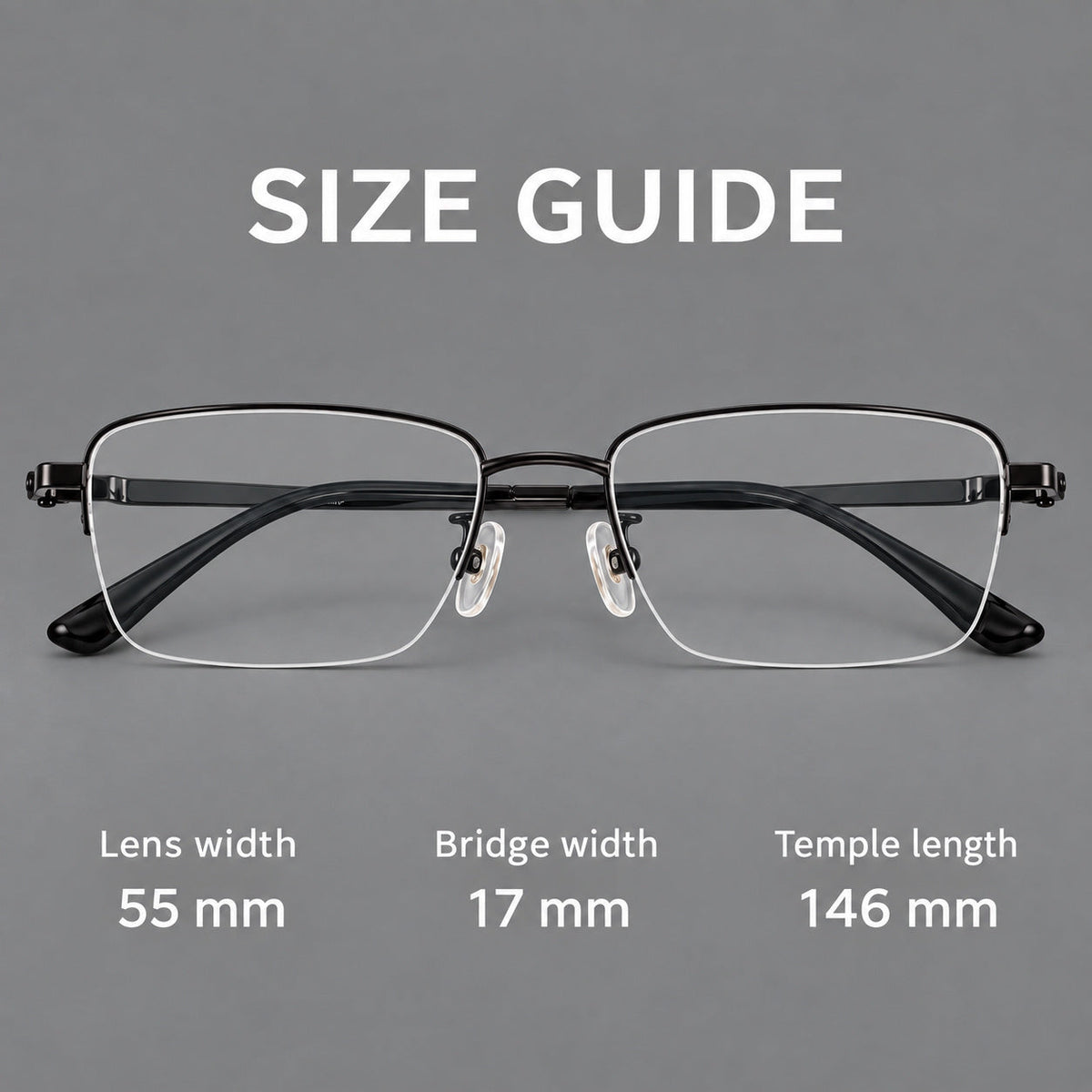 Half frame titanium glasses with rectangular lenses and rounded hinge details, size guide in millimetres