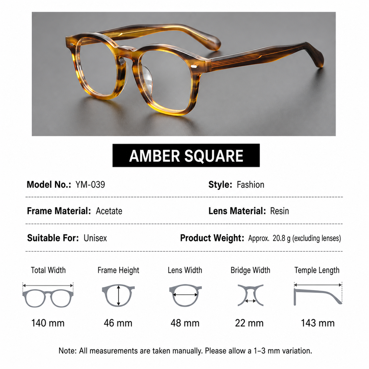 Cinily size chart — acetate-amber-square-eyeglasses-ambrose