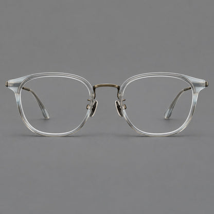 Retro soft square eyeglasses in acetate and titanium with a curved bridge and slender temples in Ice Gray Tortoiseshell / Antique Gold, front view frame detail