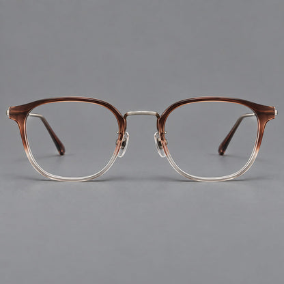 Retro soft square eyeglasses in acetate and titanium with a curved bridge and slender temples in Brown Gradient / Light Gunmetal, front view temple detail