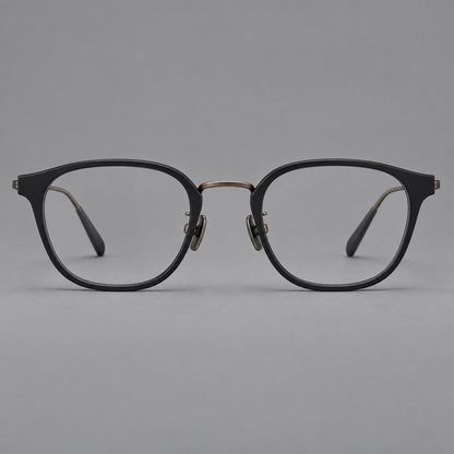 Retro soft square eyeglasses in acetate and titanium with a curved bridge and slender temples in Matte Black / Antique Copper, front view additional product view