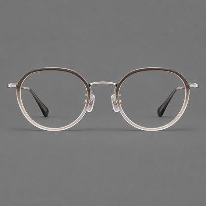 Rounded eyeglasses in acetate and titanium with gently arched brows and engraved metal temples in Mist Gray Gradient / Silver, front view frame detail