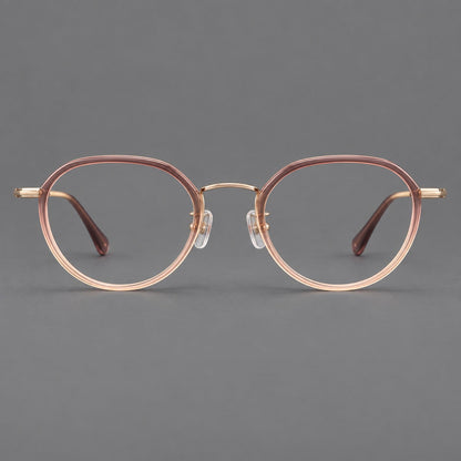 Rounded eyeglasses in acetate and titanium with gently arched brows and engraved metal temples in Pink Tea Gradient / Rose Gold, front view temple detail