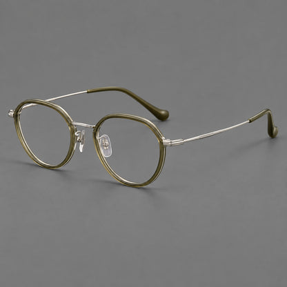 Rounded eyeglasses in acetate and titanium with gently arched brows and engraved metal temples in Gray Green / Silver, three quarter view additional product view