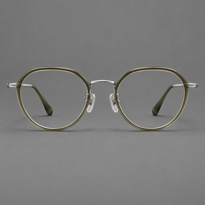 Rounded eyeglasses in acetate and titanium with gently arched brows and engraved metal temples in Gray Green / Silver, front view additional product view