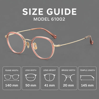 Rounded eyeglasses in acetate and titanium with gently arched brows and engraved metal temples, size guide in millimetres additional product view