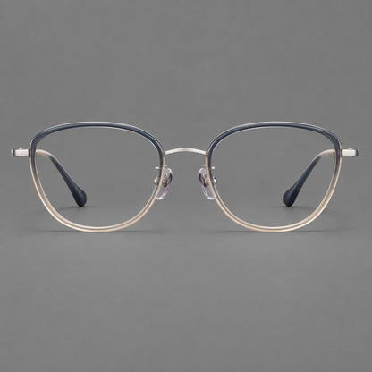Upswept eyeglasses in acetate and titanium with softly rounded rims and tapered metal temples in Blue Tea Gradient / Gunmetal, front view temple detail