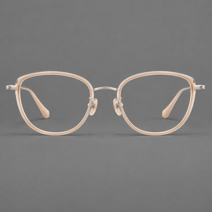 Upswept eyeglasses in acetate and titanium with softly rounded rims and tapered metal temples in Nude Pink / Silver, front view additional product view