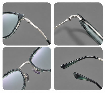 Upswept eyeglasses in acetate and titanium with softly rounded rims and tapered metal temples, frame details additional product view