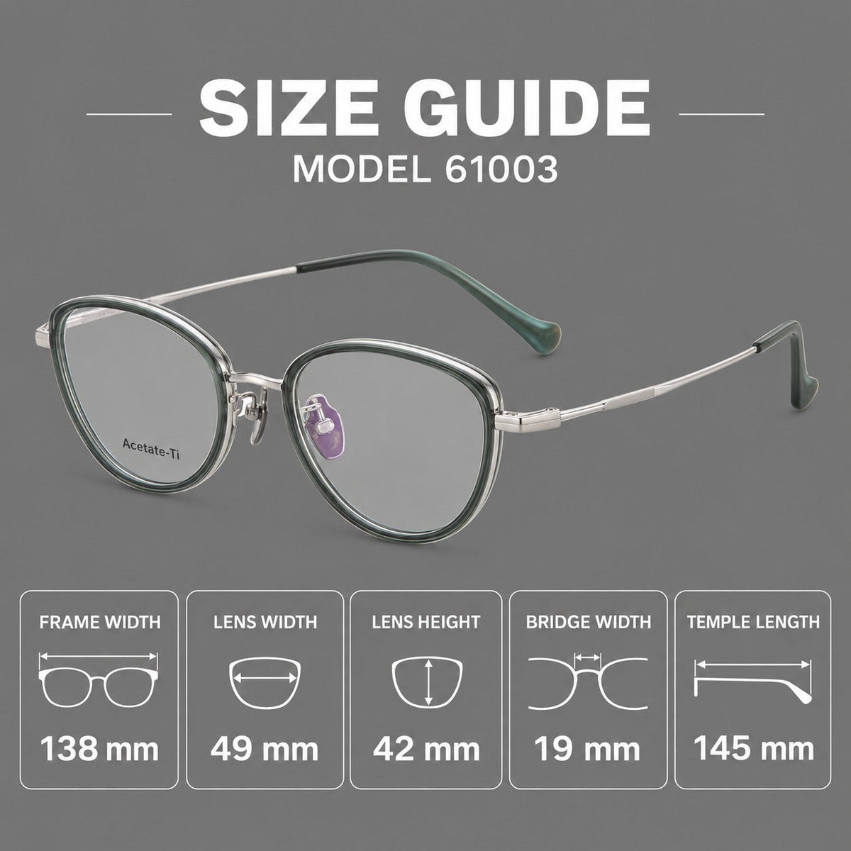 Upswept eyeglasses in acetate and titanium with softly rounded rims and tapered metal temples, size guide in millimetres