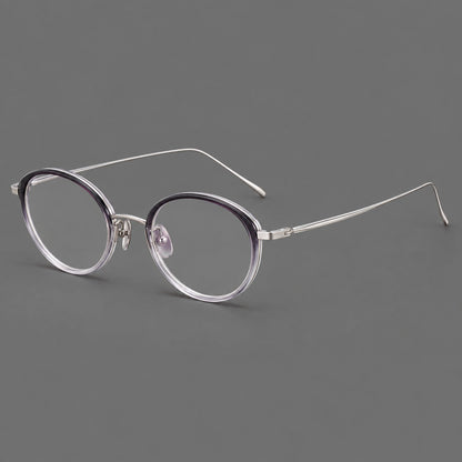 Round eyeglasses in acetate and titanium with a slim curved bridge and fine metal temples in Purple Gradient / Silver, three quarter view additional product view