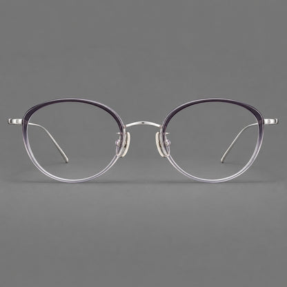 Round eyeglasses in acetate and titanium with a slim curved bridge and fine metal temples in Purple Gradient / Silver, front view additional product view