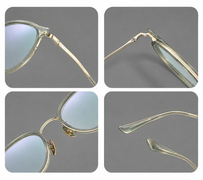 Round eyeglasses in acetate and titanium with a slim curved bridge and fine metal temples, frame details additional product view