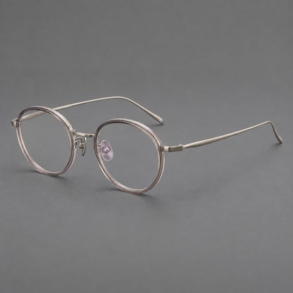 Classic round eyeglasses in acetate and titanium with slim rims and textured metal temples in Gray Pink Gradient / Gunmetal, three quarter view lens detail