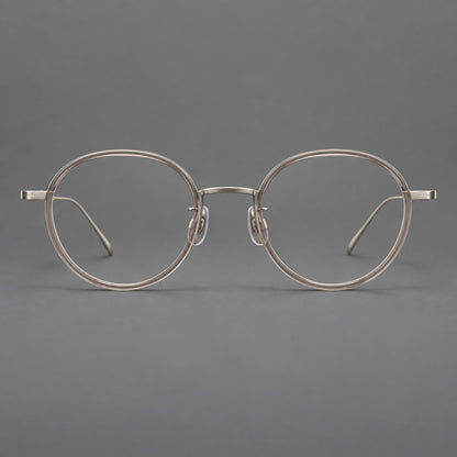 Classic round eyeglasses in acetate and titanium with slim rims and textured metal temples in Gray Pink Gradient / Gunmetal, front view temple detail