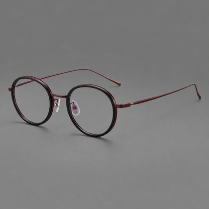 Classic round eyeglasses in acetate and titanium with slim rims and textured metal temples in Glossy Black / Wine Red, three quarter view additional product view